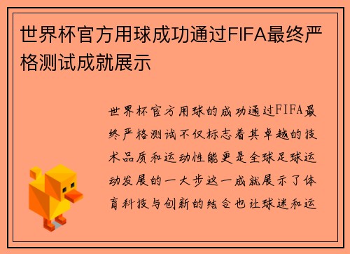世界杯官方用球成功通过FIFA最终严格测试成就展示 世界杯官方用球成功通过FIFA最终严格测试成就展示